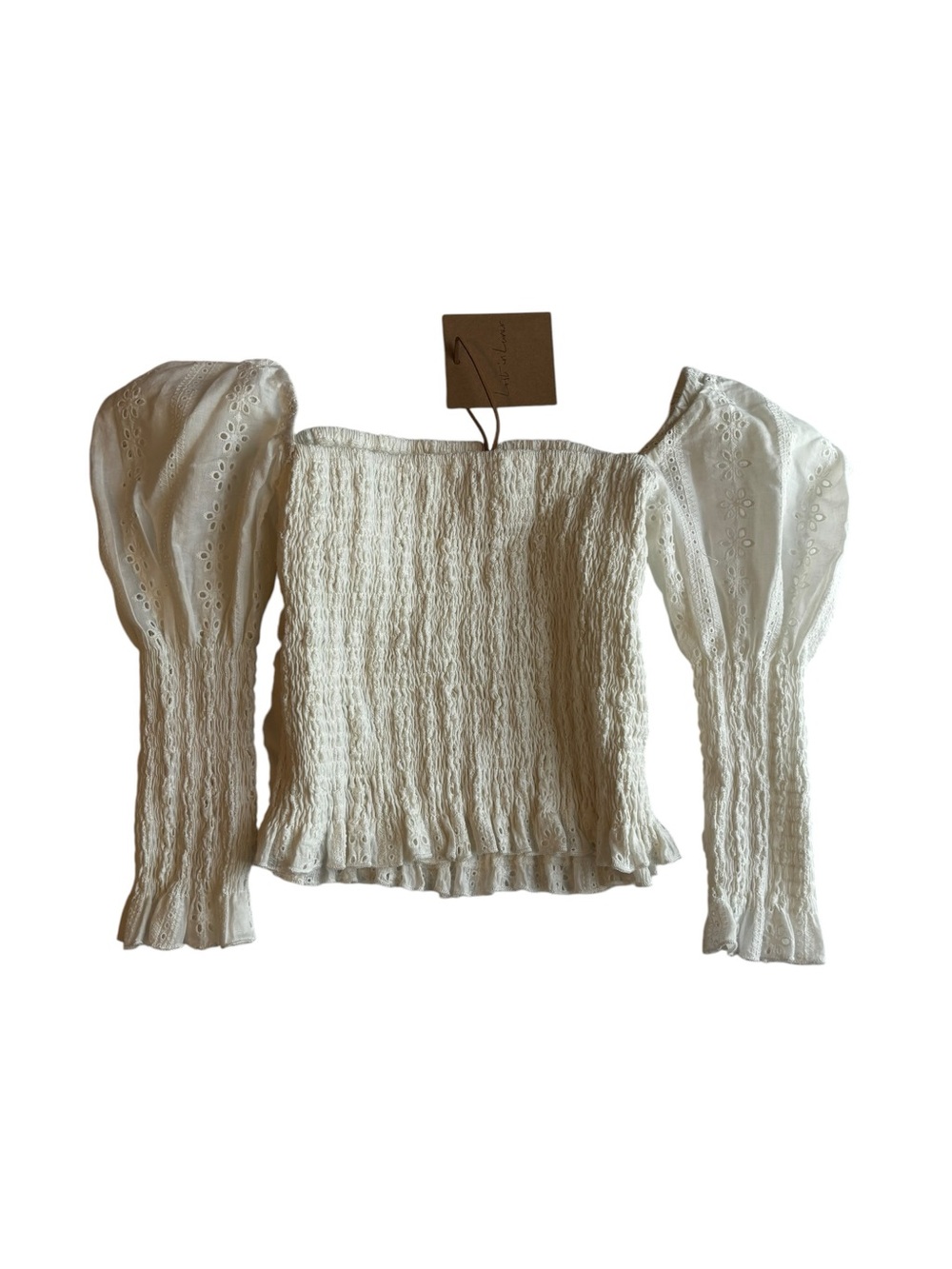 Smocked Square-Neck Eyelet Puff Sleeve Blouse — White - Picture 10 of 11